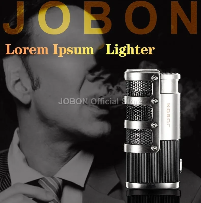 JOBON neues Metall-Outdoor-Feuerzeug mit winddichter Butangasflamme, blauer Flamme, 3-flammigem Turbo-Jet-Zigarrenanzünder, Zigarrenschneider, Geschenk für Männer. – Detail 1