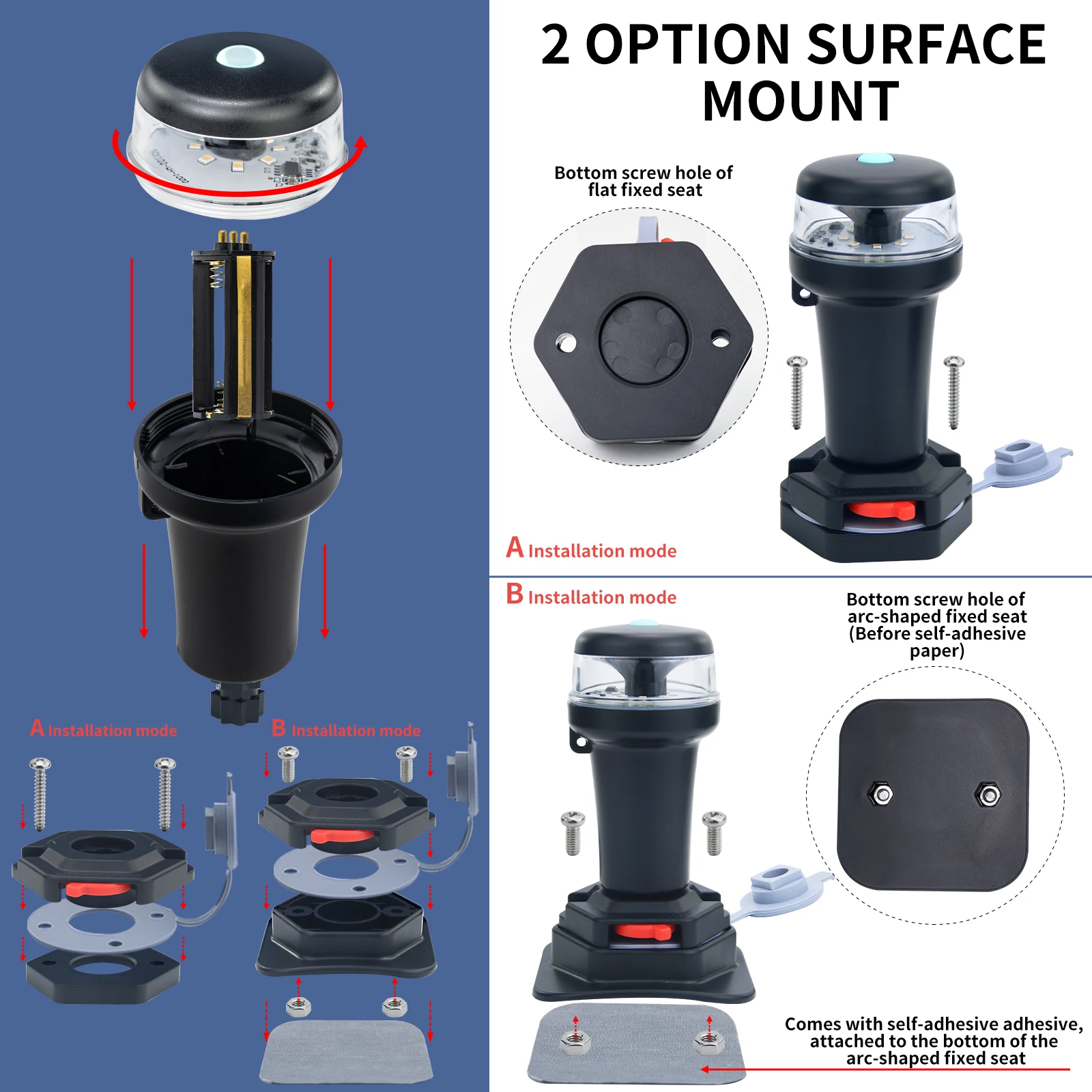 Kajak-Navigationslichter, tragbar, 3AA-Batterie, Rundum-weiße LED-Schlauchboot, Oberflächenmontage, selbstklebende Basis + feste Basis