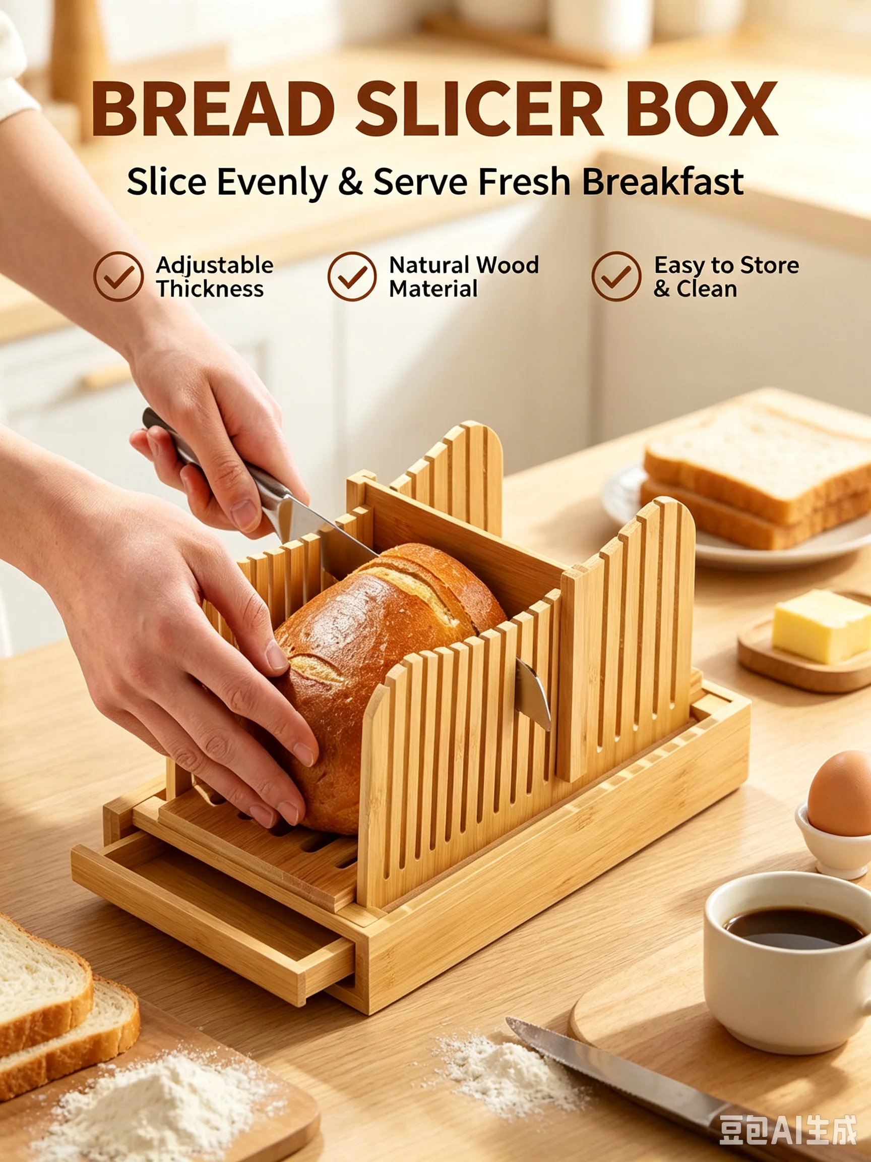 Bamboo Bread Slicing Board Toast Slicer with Adjustable Thickness and Crumb Tray  Baking Supplies
