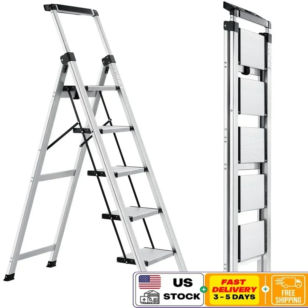 Retractable Handgrip 5 ขั้นตอนบันไดอลูมิเนียม Anti-SLIP กว้างเหยียบ 330lbs ความปลอดภัยพับกว้างเหยียบ 330lbs ความปลอดภัยพับได้