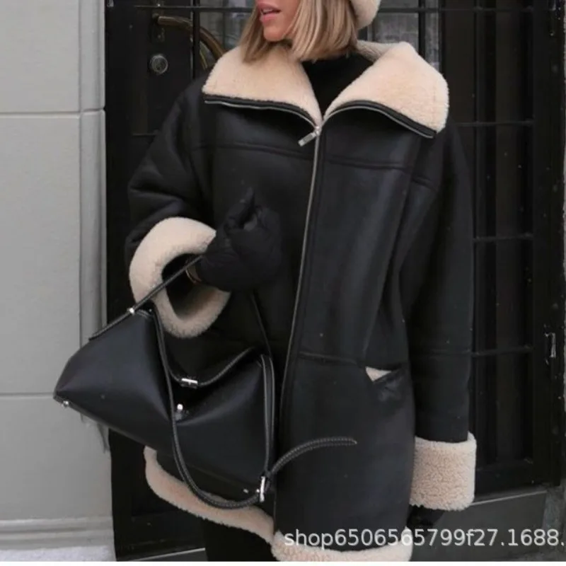 Women's Autumn and Winter Fashion Solid Color Lapel Zipper Pocket Long Sleeve Casual Cashmere Leather Fur Collar Leather Coat