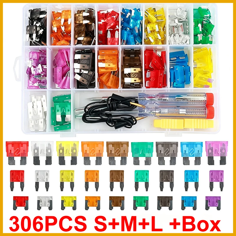 306 pcs Car Combination Kit, Mini Small Medium Fuse Blade Type S M L for Marine Automotive  2A 3A 5A 10A 15A 20A 25A 30A 35A BOX