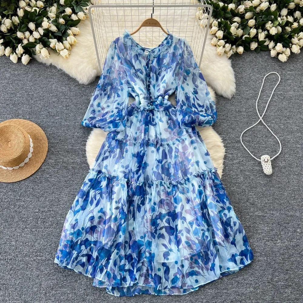 Vintage Elegant V Neck Lace-up Lantern Long Sleeve Print Chiffon Sweet Dress Women French Basics Fashion Summer Spring Dresses