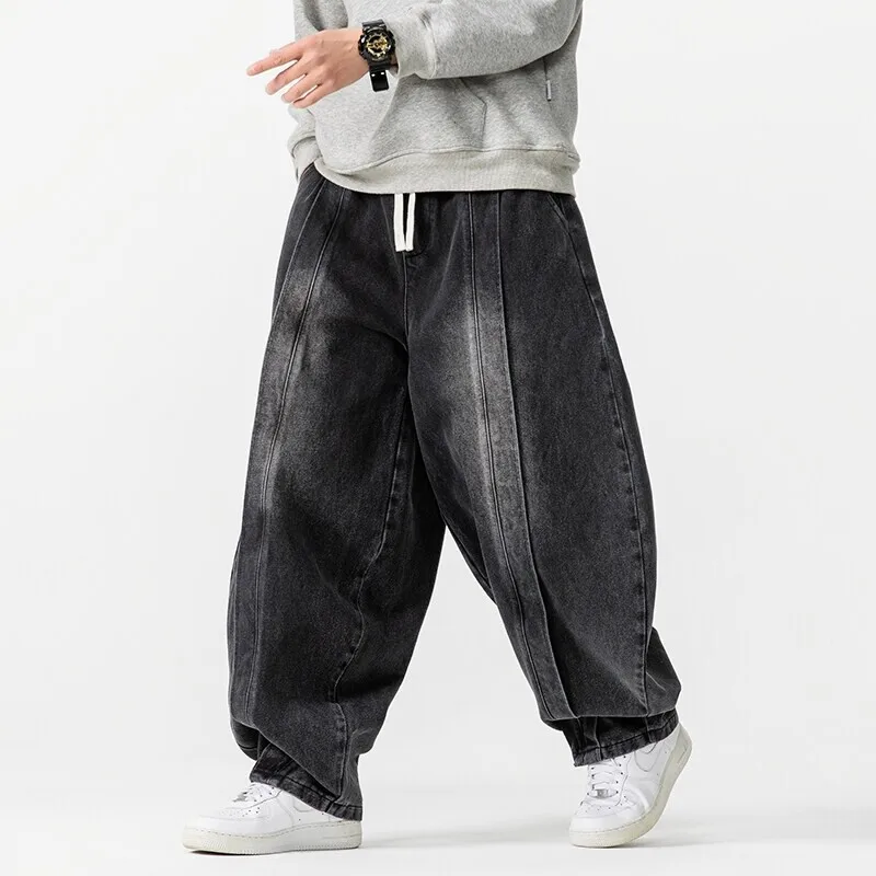 2025 New Vintage Harem Pants Men Loose Hip Hop Denim Wide Leg Pants Mens Straight Oversized Fashion Jeans Elastic Waist Trousers