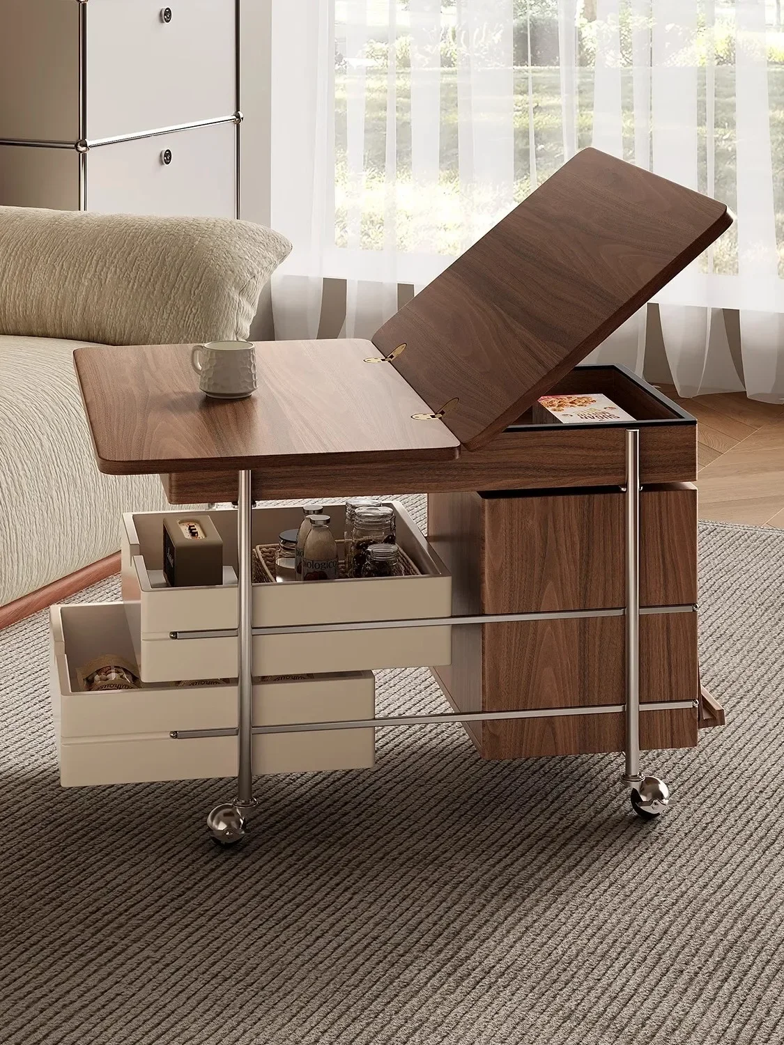 Solid wood movable side few small apartment living room home foldable multi-functional trolley