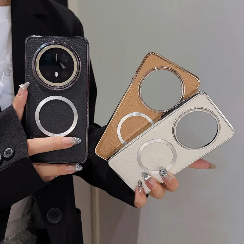 Luxury Leather Texture Magnetic For Magsafe Phone Case For Huawei Pura 80 70 Pro Plus Mate 70 60 Pro Plus Plating Matte Cover