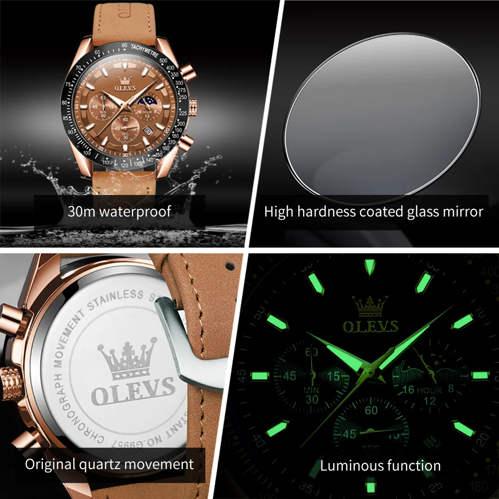 OLEVS Luxury Quartz Men Sport Watch Multi-Function Waterproof Luminous Chronograph Fashion Brown Leather Strap Men Wristwatch