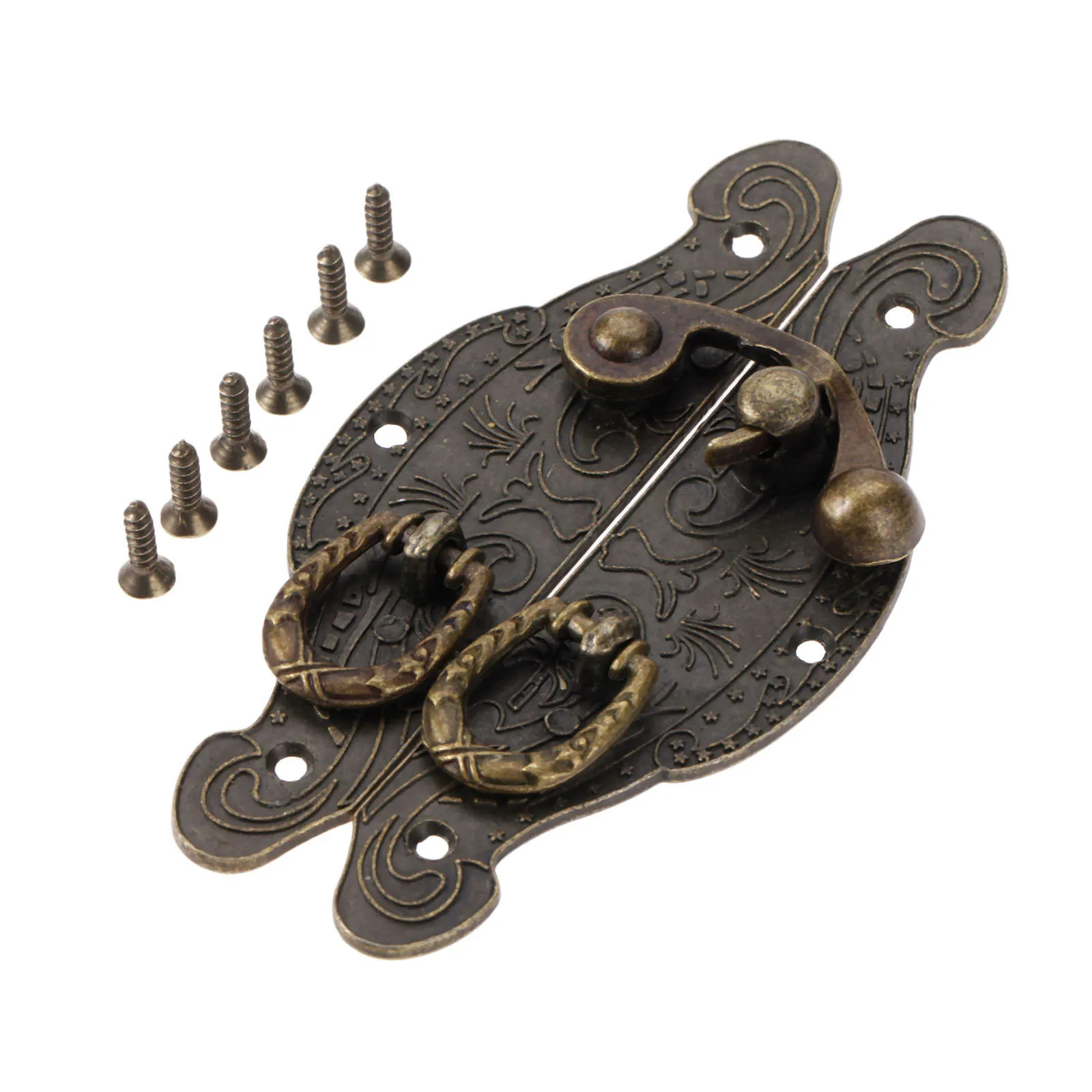 עתיק פליז עץ מקרה וו בציר דקורטיבי תכשיטי אריזת מתנה מזוודת וו תפס וו ריהוט אבזם אבזם נעילת 90*50mm