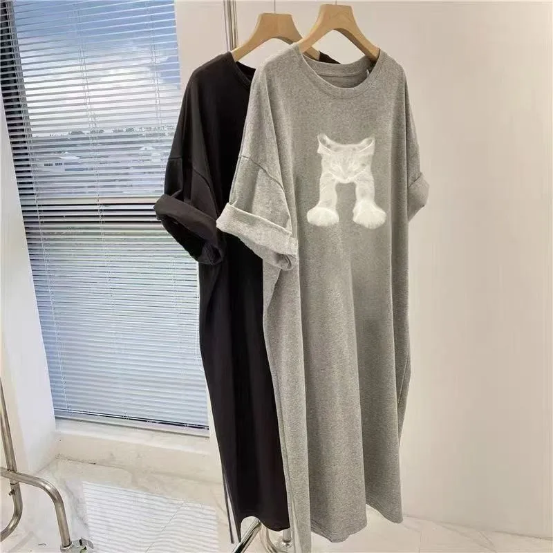 Übergroßes, lockeres, kurzärmeliges Kleid für Damen, Cartoon-Druck, schlichtes, lässiges, vielseitiges Pulloverkleid – Detail 2
