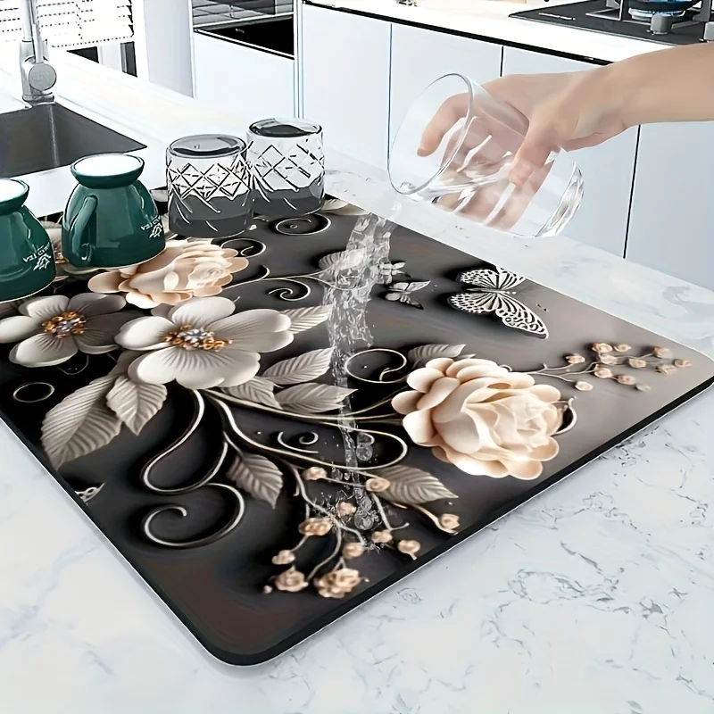 VIKAMA Luxury Floral Diatomite Drying Coffee Machine Mat - Kitchen Counter Drainage Pad Heat Insulation Drying Mat Home Decor