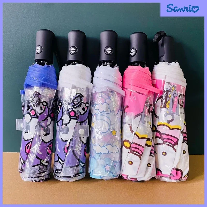 Sanrio Anime My Melody Kuromi Cinnamoroll Kawaii Cartoon Fully Automatic Umbrella Transparent Folding Umbrella Birthday Gift Toy