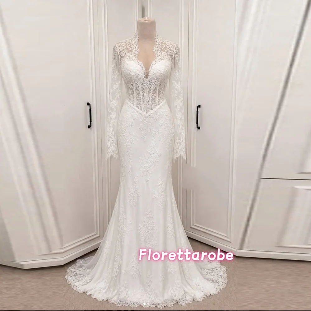 Luxury Lace Appliques Bride Wedding Dress Customized V Neck Long Sleeves Mermaid Bridal Gowns Sweep Train Women Formal Party
