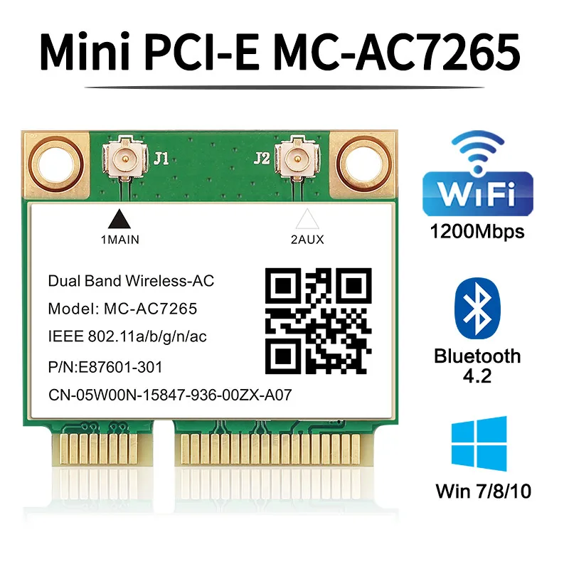 Wifi 5 1200Mbps Bluetooth 4.2 Half Mini PCI-E Wifi Card MC-AC7265 Wireless802.11ac 2.4G 5Ghz For Laptop Win 7 8 10 11