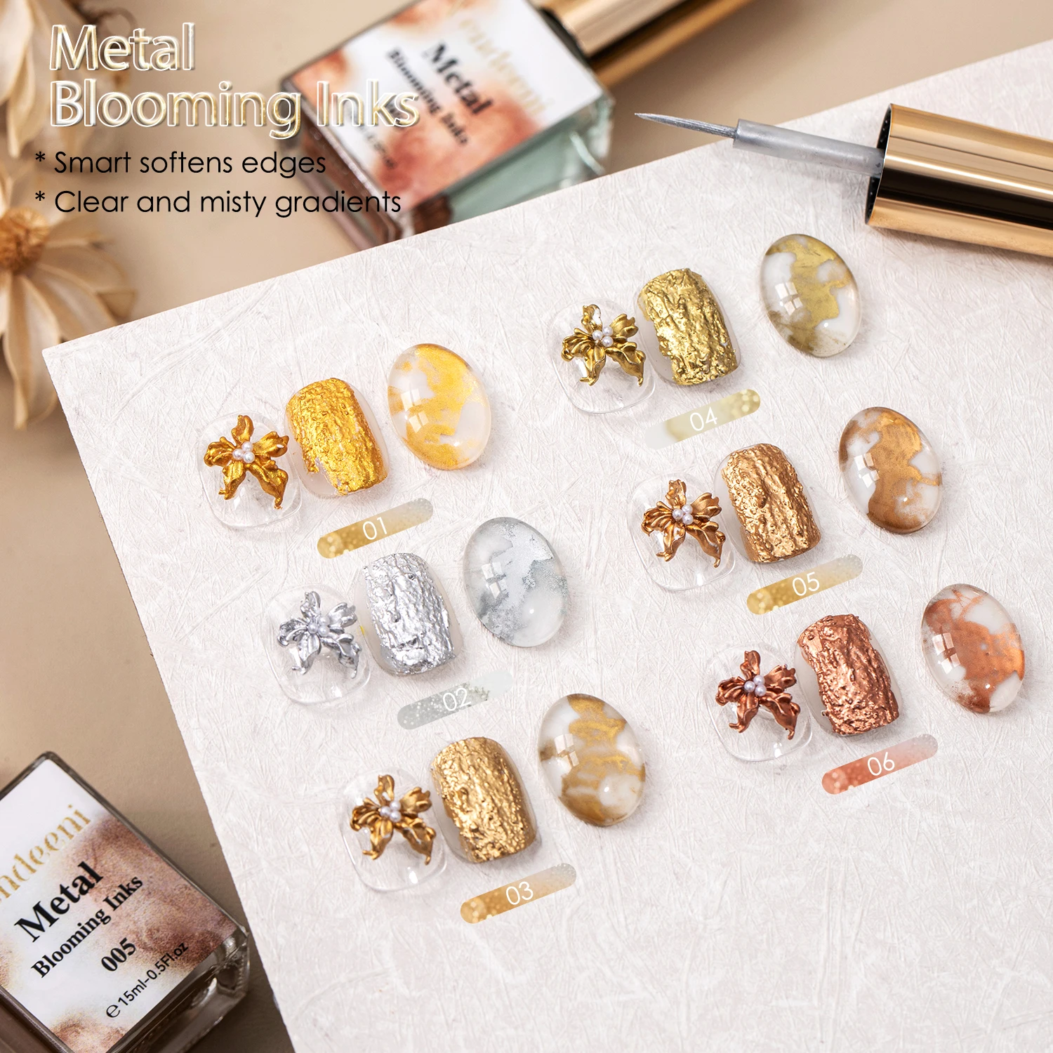 Vendeeni New Arrival 6color Metallic Marble Ink Nail Art Blooming Liquid TPO HEMA FREE OEM Custom Metal Blooming Gel Nail Polish