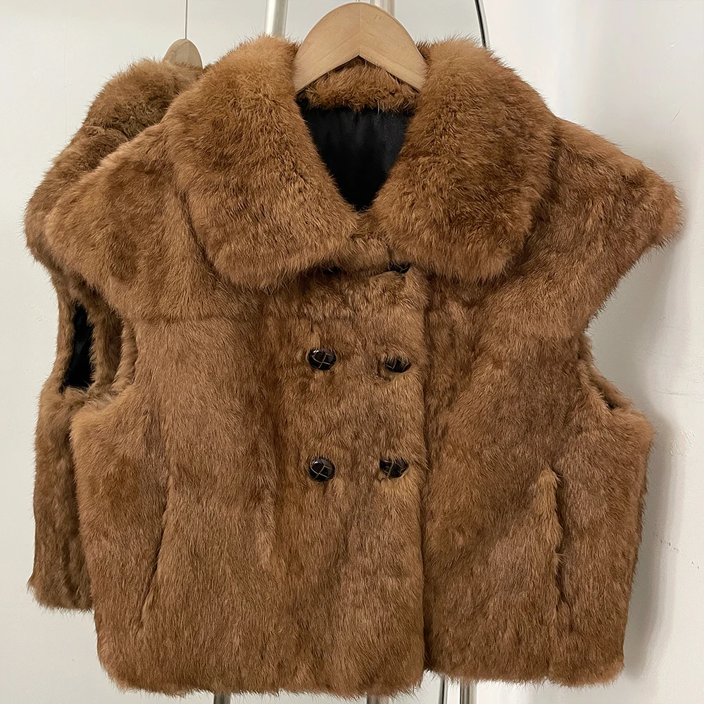 OFTBUY Women Natural Rabbit Fur Vest Winter Fall Fashion Girl Winter Fall Real Fur Coats Sleeveless Fur Relaxed Fit Cold Climate