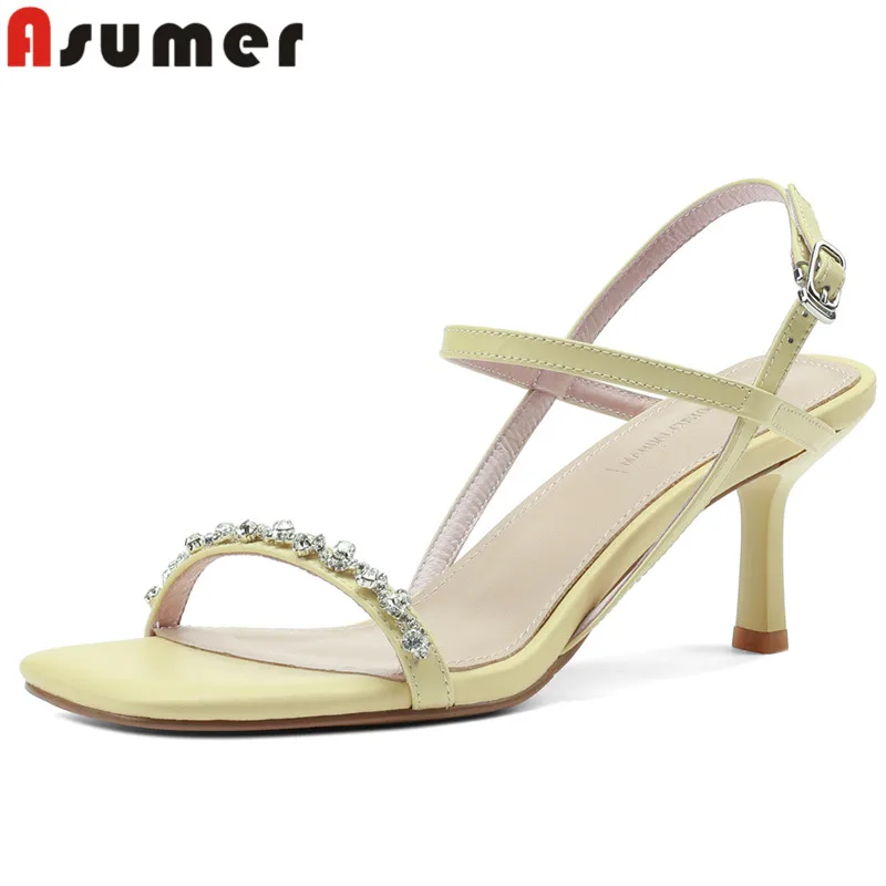 

ASUMER 2024 New Rhinestone Genuine Leather Dress Sandals Buckle Ladies Slingbacks Summer Shoes Thin High Heels Sandals