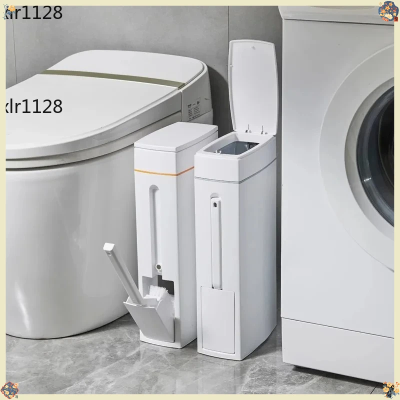 2-in-1 Bathroom Trash Can with Toilet Brush Narrow Slim Space Press Lid for Home Toilet