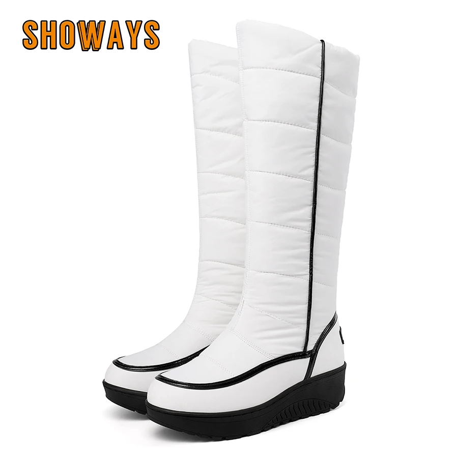 

Белые зимние теплые сапоги до колена на меху, женские красные, черные полосатые водонепроницаемые сапоги из искусственной кожи на танкетке для вечеринок, длинные сапоги на платформе