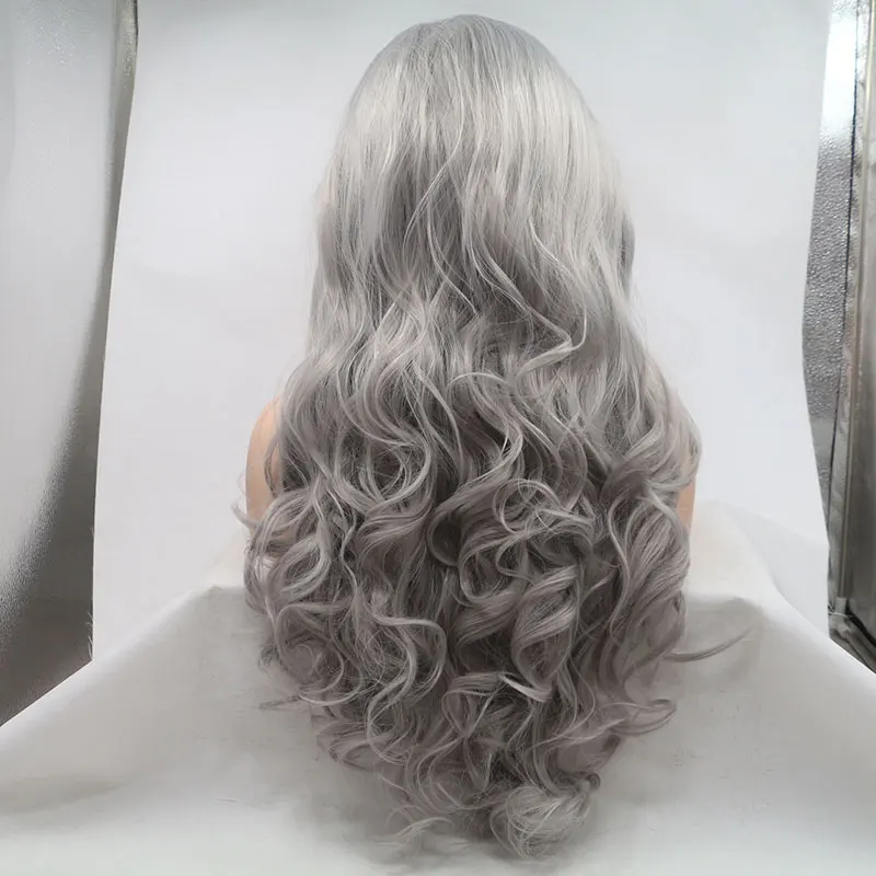 Silver Grey Deep Wave Hair Synthetic Lace Front Wigs High Quality Heat Resistant Fiber Hair Side Parting For Black Women Cosplay