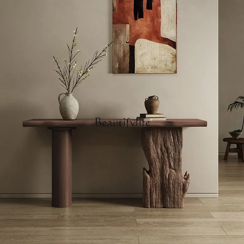 yj7 Medieval solid wood entrance table against the wall end view table simulation stone decoration table case