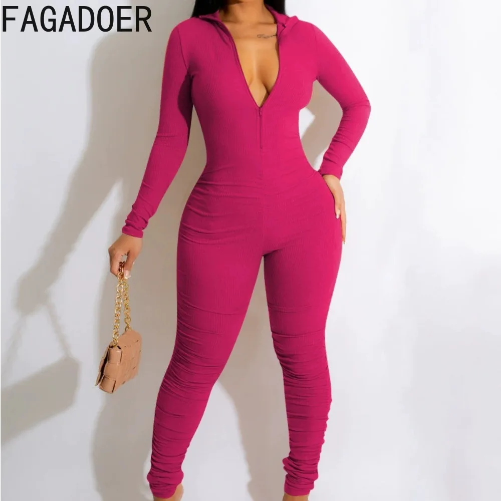 FAGADOER Autumn New Casual Rib Bodycon Jumpsuits Women Solid Zip Stacked Leggings One Piece Rompers Sporty Jogger Streetwear