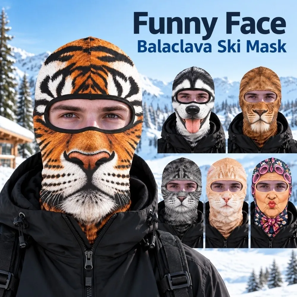 3D Printed Animal Pattern Funny Ski Mask Breathable Eye Hole Quick Dry Ski Mask Hood Windproof Full Coverage Neck Gaiter