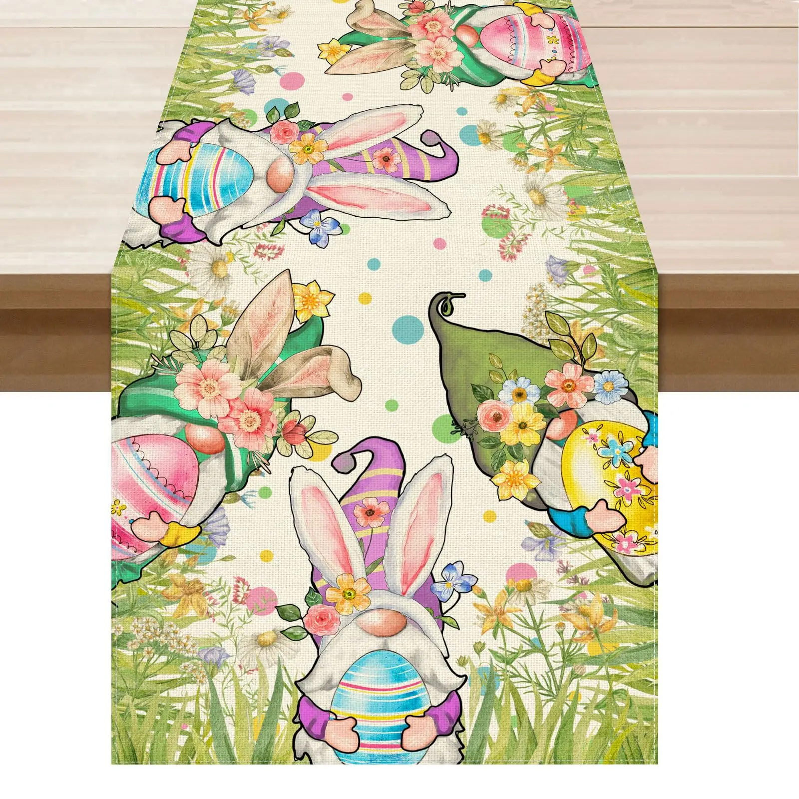 Gnomes Bunny Ears Eggs Flowers Easter Table Runner Table Decoration for Party Home Kitchen Dining Holiday Decor