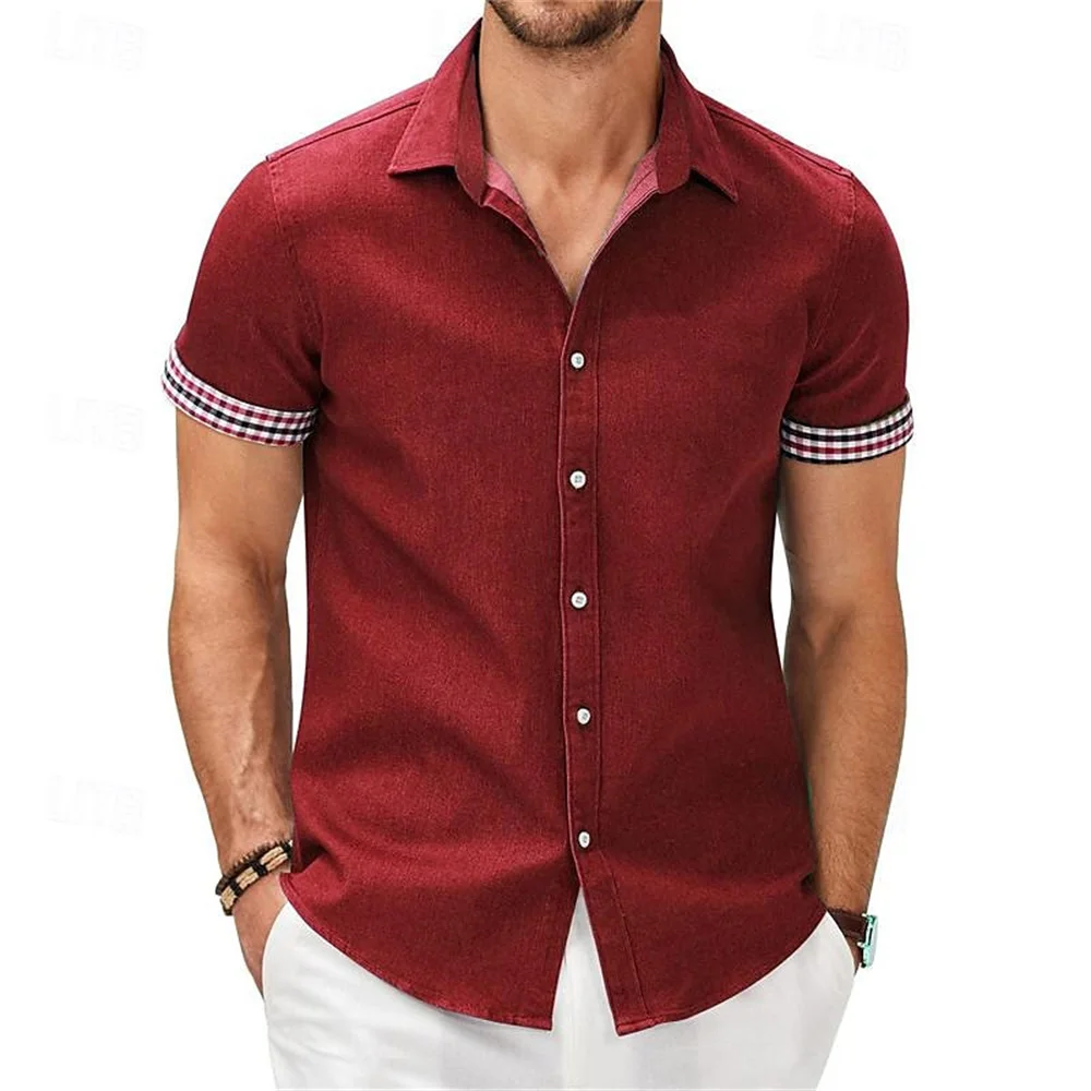 Camisa estampada de Color liso para hombre, traje de trabajo callejero al aire libre, informal de negocios, Top de manga corta con cuello abatible, novedad de verano 2024