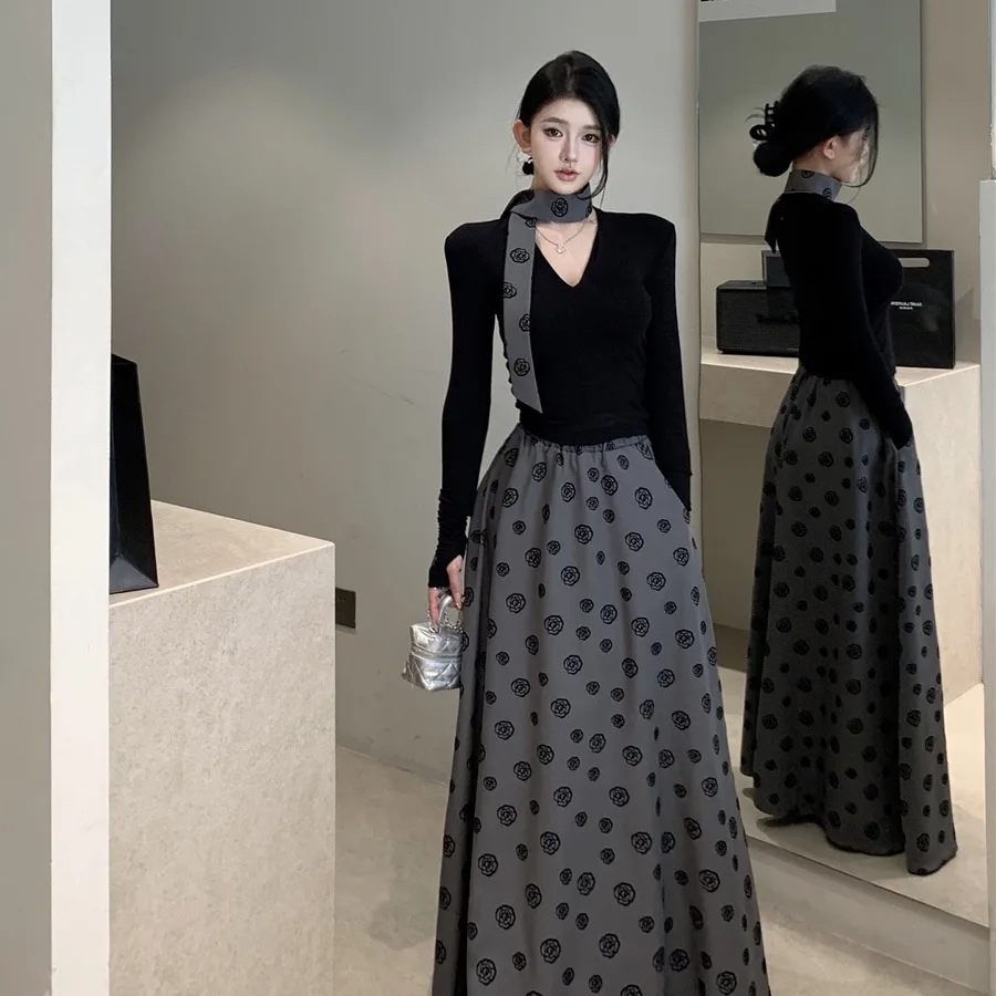 

Ele Retro Camellia A-Line Midi Skirt Set Two-Piece Set Women's Hepburn Sle Par Dr Long Sve Deep V Ne Gown