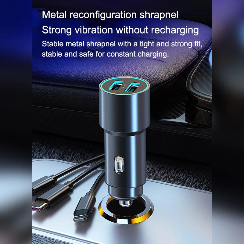 Dual USB Car Charger Adapter, Metal Car Charger, Triple Wire, Dual USB com cabo, 100W, carga rápida