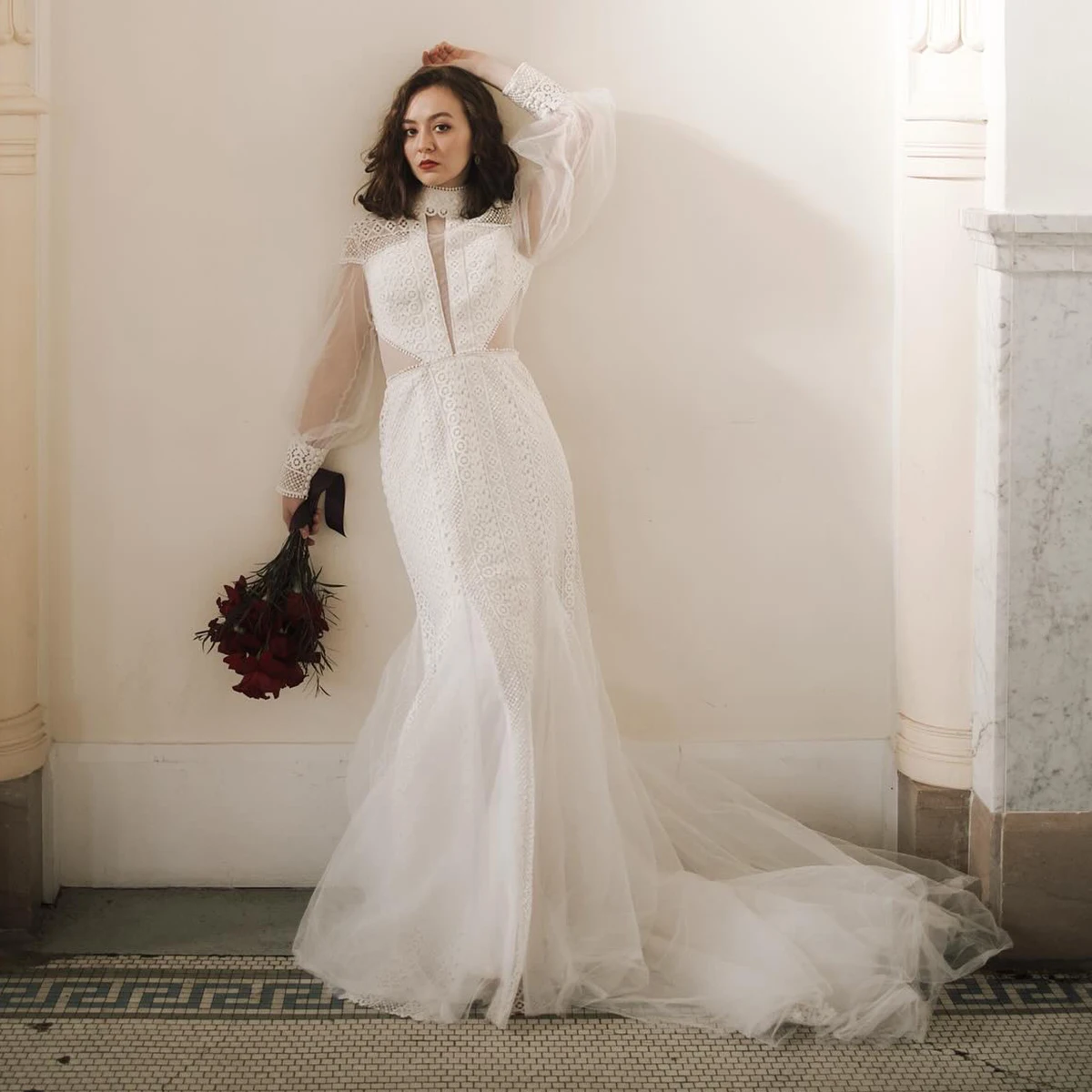 Unique Long Balloon Sleeves High Collar Lace Bridal Gowns Lace Cutout Mermaid Customized Plus Size Modest Muslim Wedding Dress