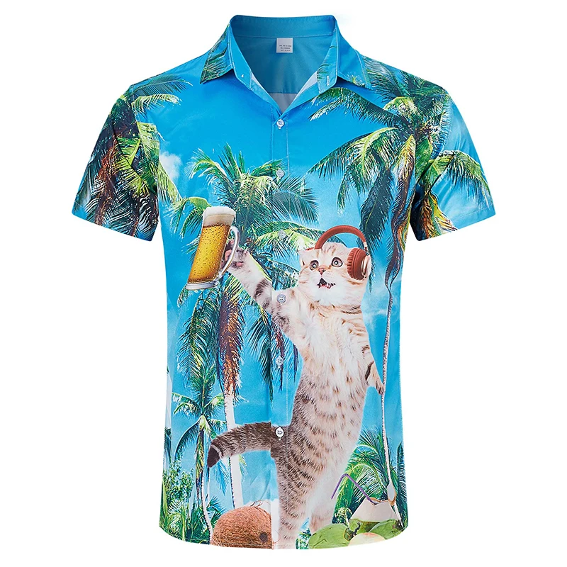 Summer Mens Hawaiian Shirts 3D Print Funny Cat Graphic Beach Shirt Casual Short Sleeve Button Down Aloha Dress T Shirts Clothes