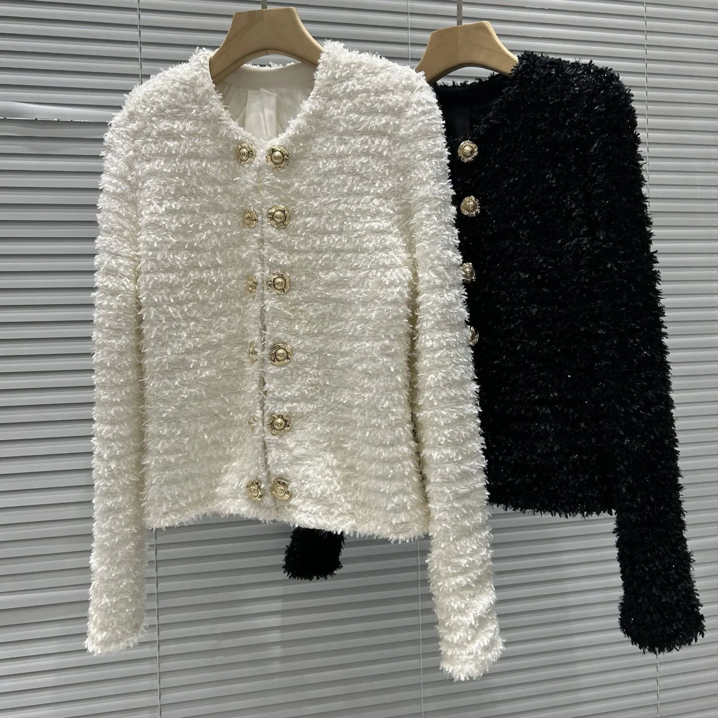 سترة نسائية محبوكة راقية طويلة Sve مستديرة Ne مفتوحة سترة Jaet Parisian فاخرة Sle صف مزدوج ذهبي أزرق إلي #4