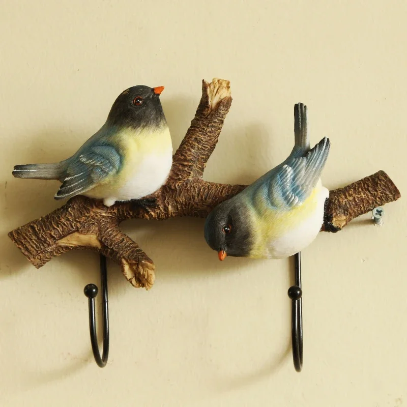 Cute Simulation Wall Mounted Coat Rack 2 Birds on Tree Branch Hanger with 2 Hooks for Hat Keys Towels Clothes Storage Hanging