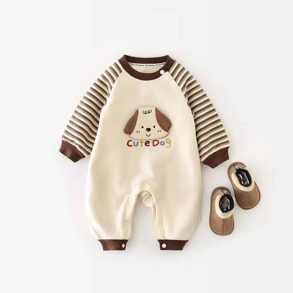 

Infant Girl Cute Cartoon Striped Jumpsuit Plus Velvet Thick Toddler Warm Clothes 0-24M 2025 Winter New Baby Fleece Romper Cotton