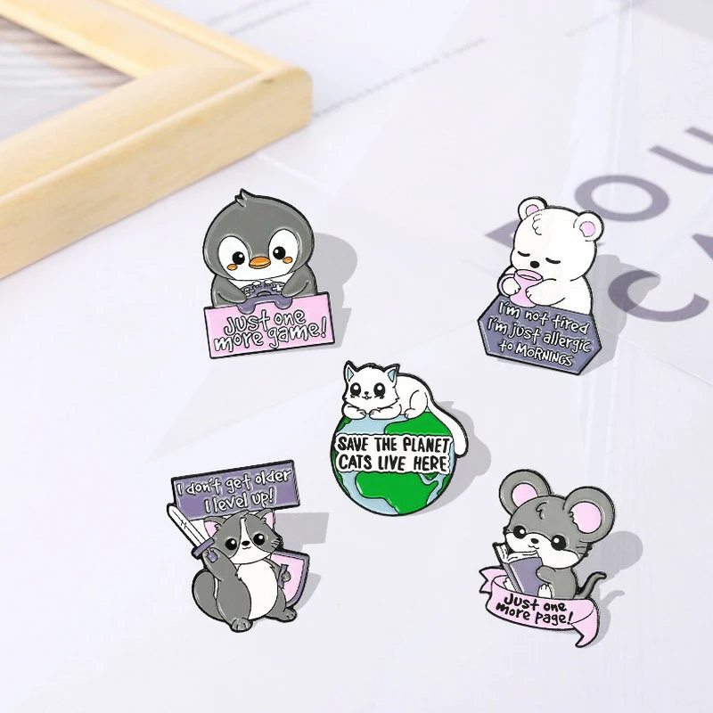 Raccoon Bear Pines Shirt Lapel Badge Bag Funny Cute Jewelry Gift for Kids Animals Quotes Enamel  Brooch Custom Cat Rat Penguin