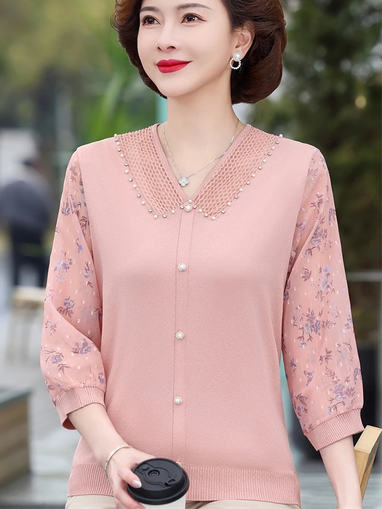 

Легкий вязаный свитер с кружевными вставками, длина три четверти, для женщин среднего возраста, модный дизайн с V-образным вырезом