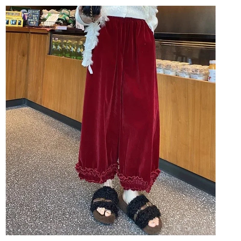 

Xiaoxiang style retro drape casual pants autumn and winter new high waisted black fungus edge wide leg pants women's pants