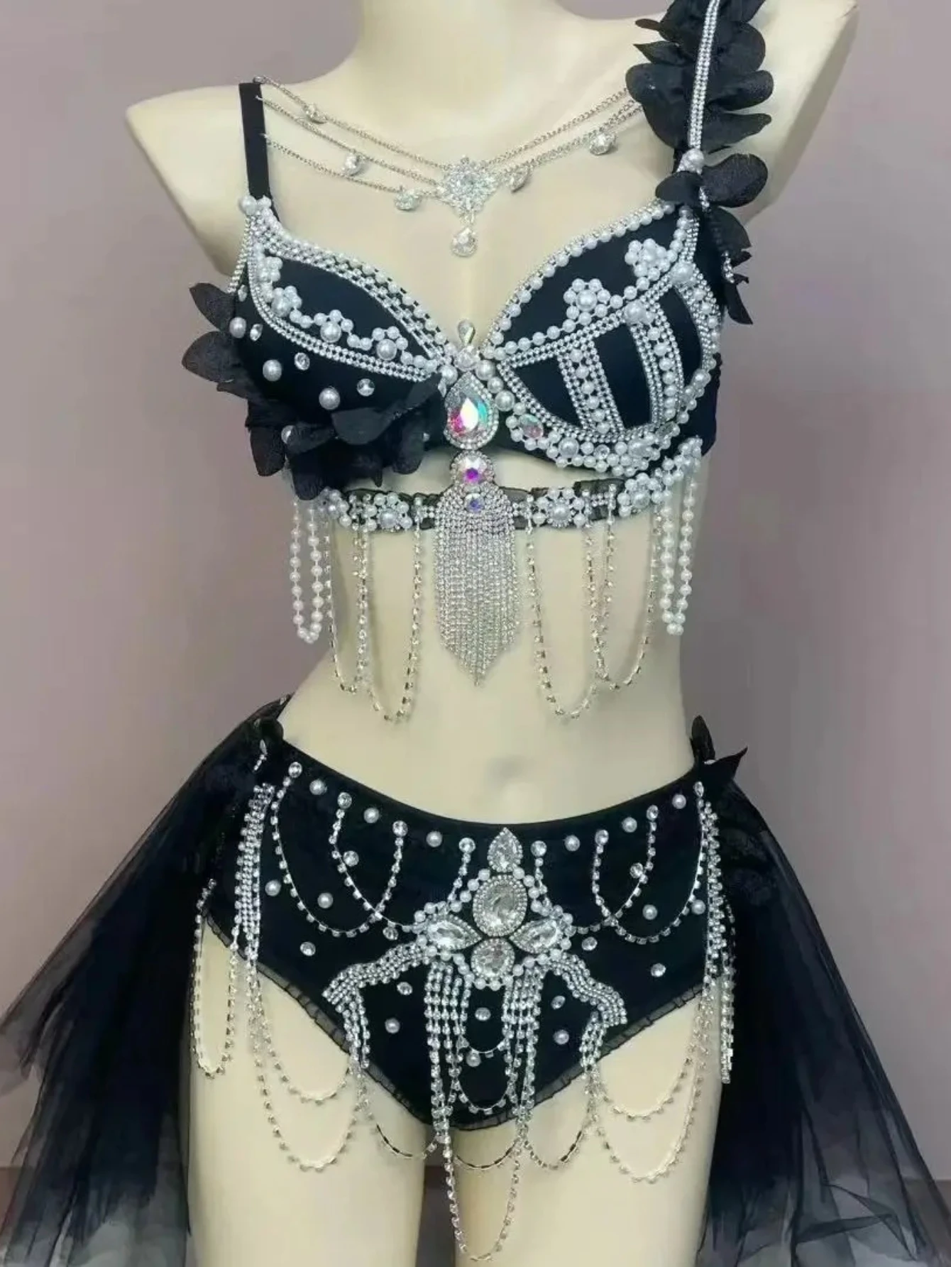 Women Sexy Floral Bikini Outfit Sparkling Diamond Electric Syllable Set DJ Singer Dancer Stage Party Rave Birthday Prom Wear