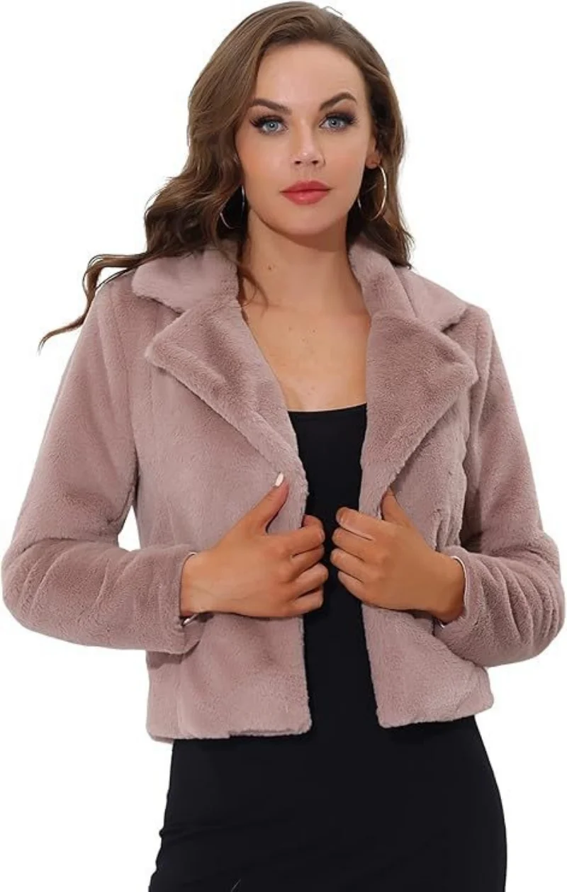 

Fur's Women's Short Coat Autumn Winter Faux Rabbit Fur Jacket Casual Solid Color Suit Collar Top