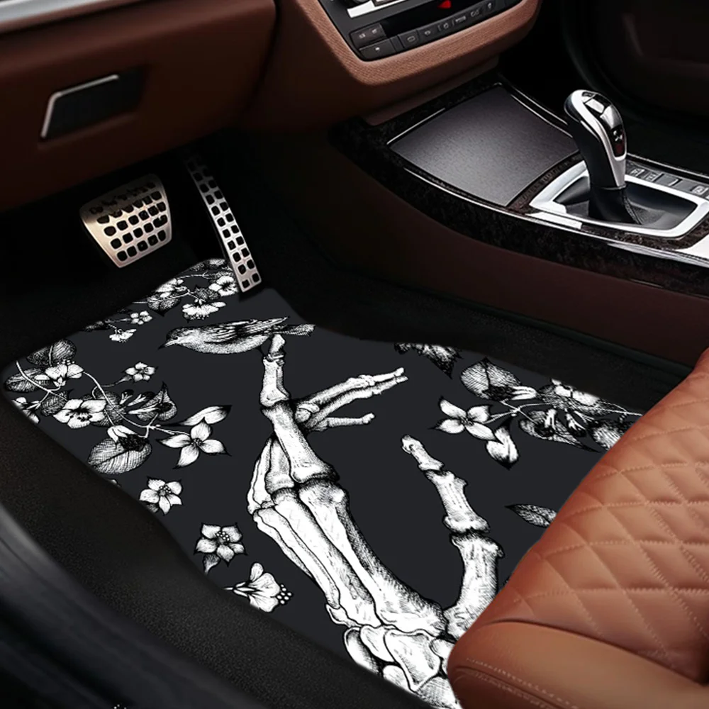 Polyester Fiber Car Floor Mats Set - Skeleton And Sparrow Pattern, Universal Fit, All-Season, Non-Slip, Easy To Clean, Durable,