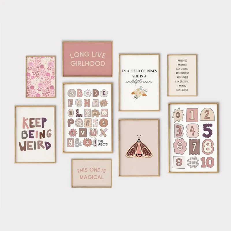 

9 Pink Boho Alphabet Canvas Paintings Girls Kindergarten Children's Room Early Learning Poster Bedroom Decorative Wall Art