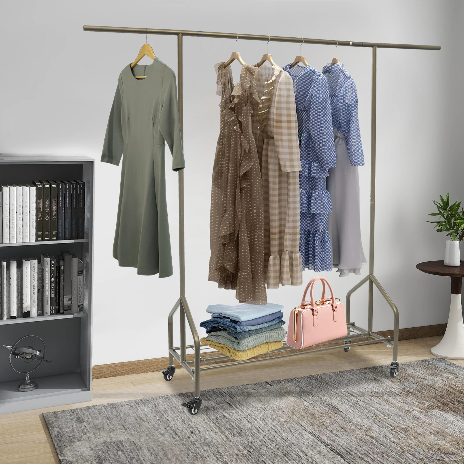 

Вешалка для одежды из нержавеющей стали золотистого/серебристого цвета, 62,99 дюйма (В) x 68,11 дюйма (Ш), с регулируемой высотой и колесиками