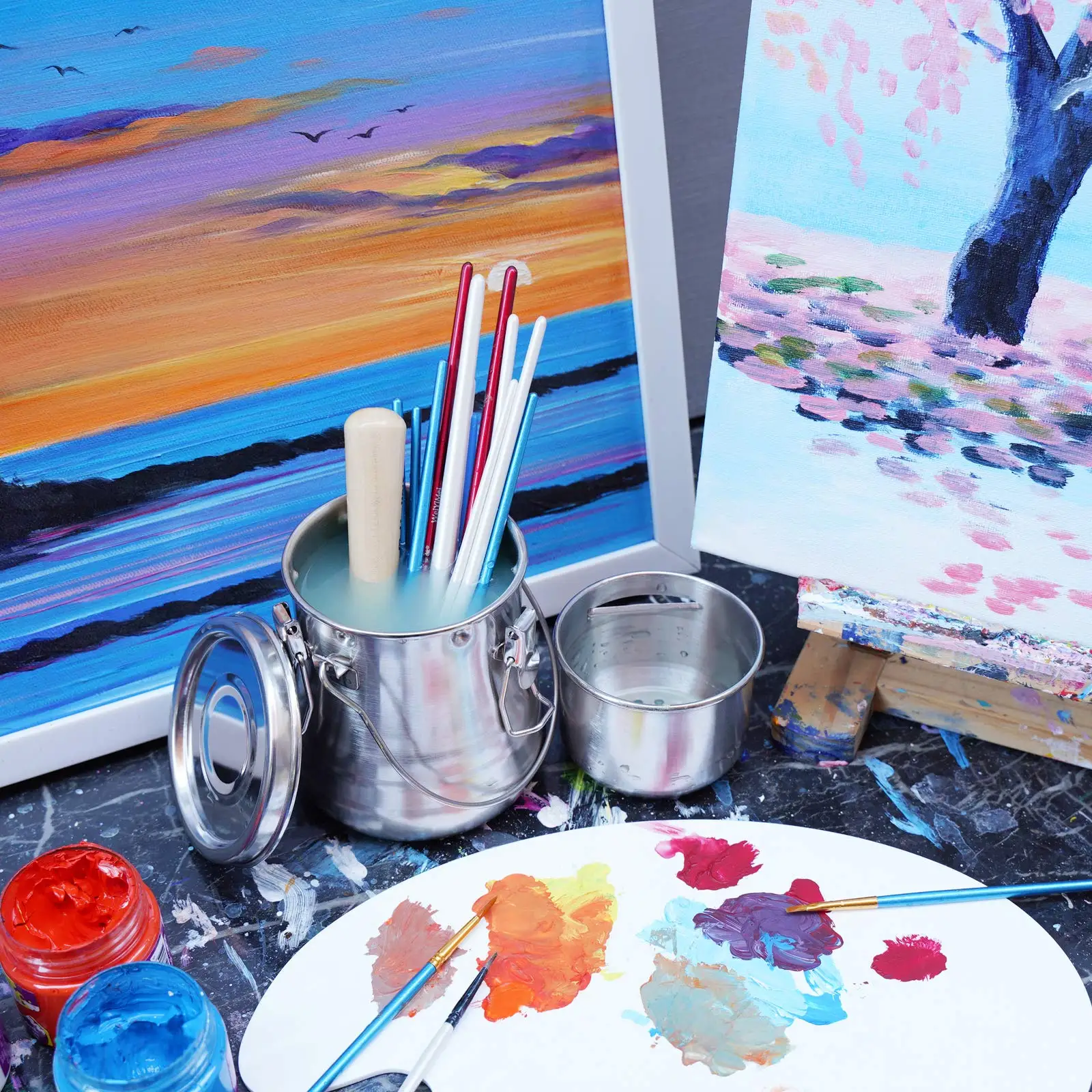 غسالة فرشاة الرسم الزيتي، وعاء زيت من الفولاذ المقاوم للصدأ مع فلتر مسامي قابل للإزالة، منظف فرشاة طلاء من الفولاذ المقاوم للصدأ