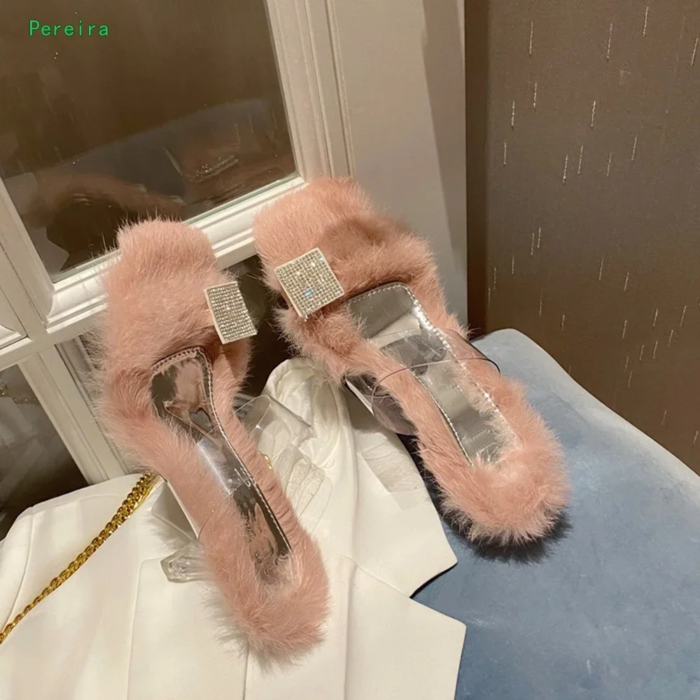

Pink Fluffy Rhinestone Slippers Summer Women's New Arrival Slip-on Chunky Heel Square Toe Fashion Transparent Flip Flops