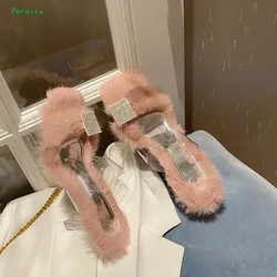 Pantofole rosa soffici con strass estate donna nuovo arrivo Slip-on tacco grosso punta quadrata moda infradito trasparenti