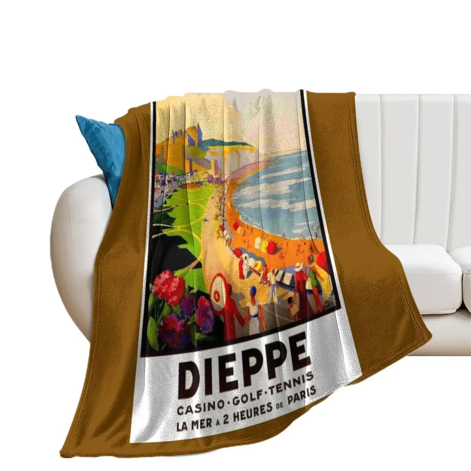 

DIEPPE FRANCE : Vintage 1930 Resort Beach Scene Advertising Print Throw Blanket Hairys Comforter Polar Blankets