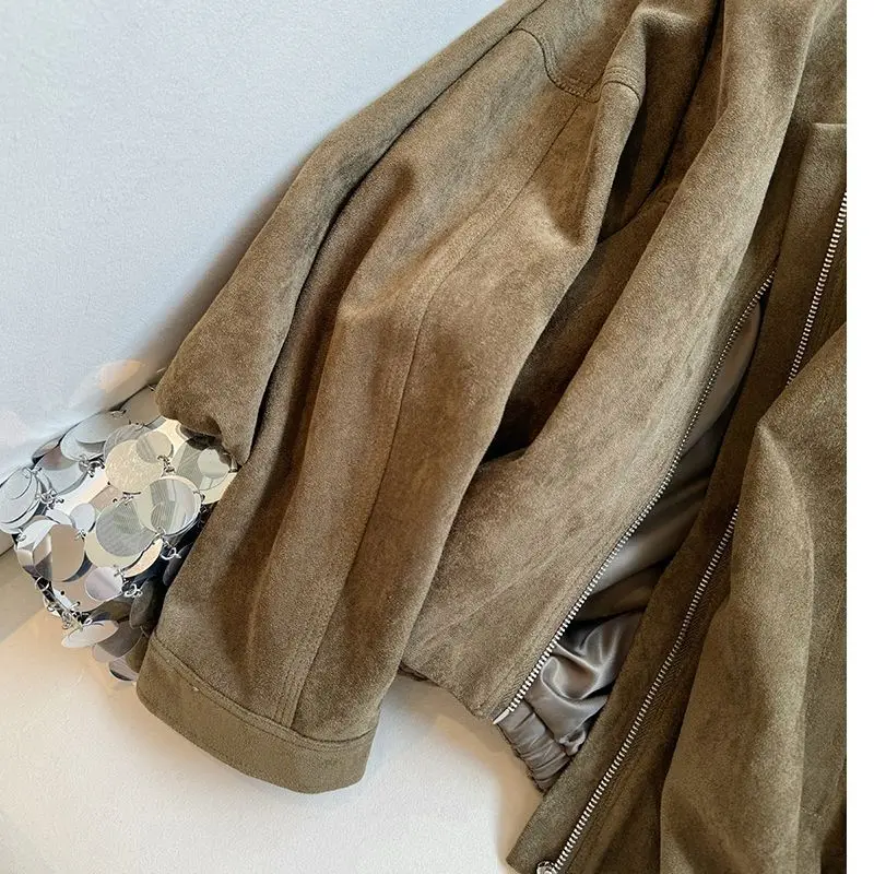 Retro Suede Zipper Short Jacket for Women in Autumn 2025 Loose Style Sweet and Cool Round Neck Coat Female Clothing