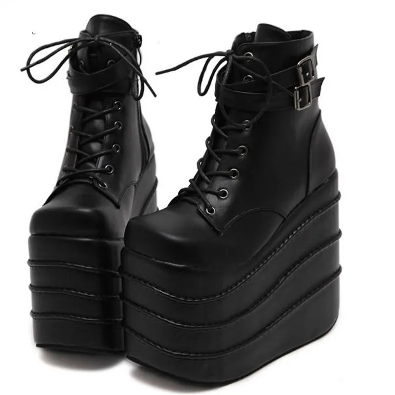 Size 35-41 Botas Mujer Plataforma Winter Womens Boots Punk Style White Wedge High Heel Boots Lace Up Wedge Platform Boots