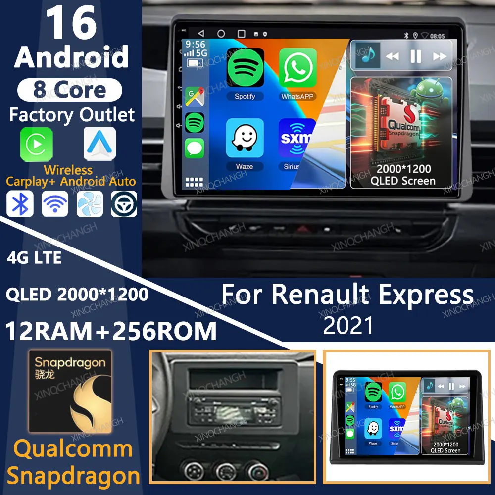 Rádio Automotivo Android 16 para Renault Express 2021, Central Multimídia com Bluetooth Qualcomm, Reprodutor de Vídeo Estéreo, QLED, GPS, 4G, WIFI, 2DIN, BT, GPS
